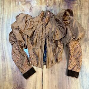 Antique Vintage Victorian Era Women's Top Bodice Silk Velvet 1800s Ruffle F3-7